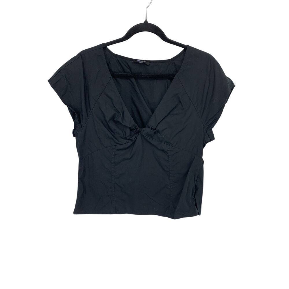 Madewell Twist-Front Seamed Top in Poplin Womens 12 Black Deep V Cap Sleeves